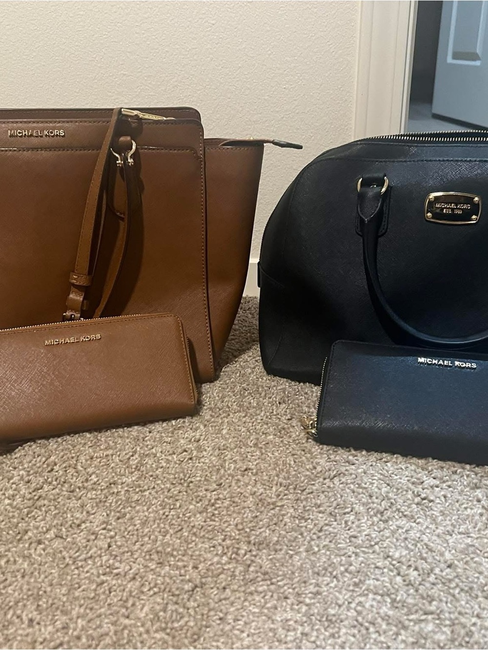 Michael Kors Brown and Black Tote Pair with Matching Wallets